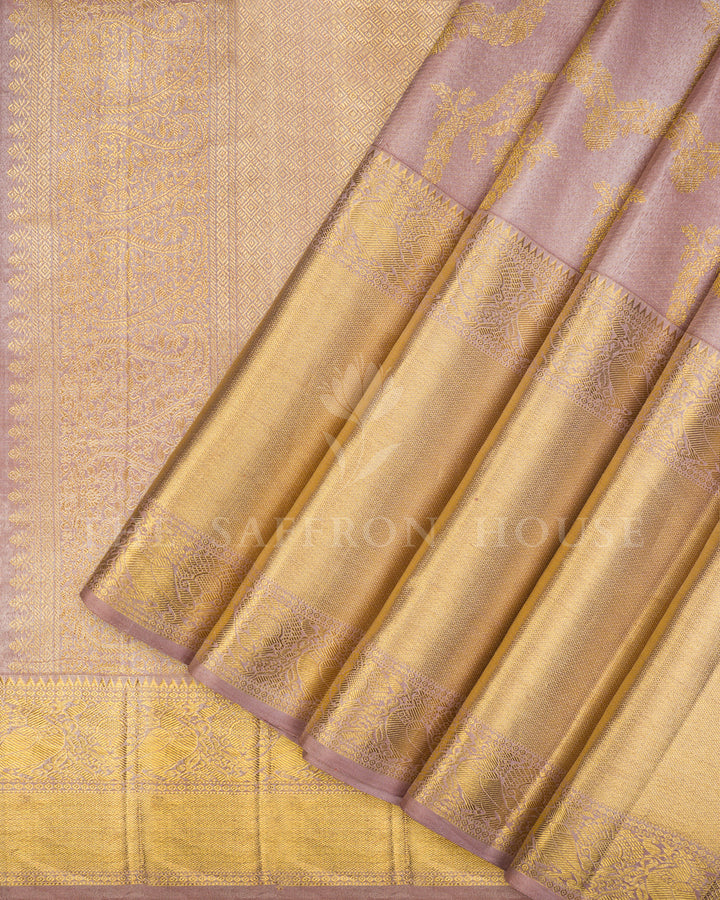 Dusty Pink Kanchivaram Silk Saree with Woven Vine Jaal & Gold Zari Checkered Border