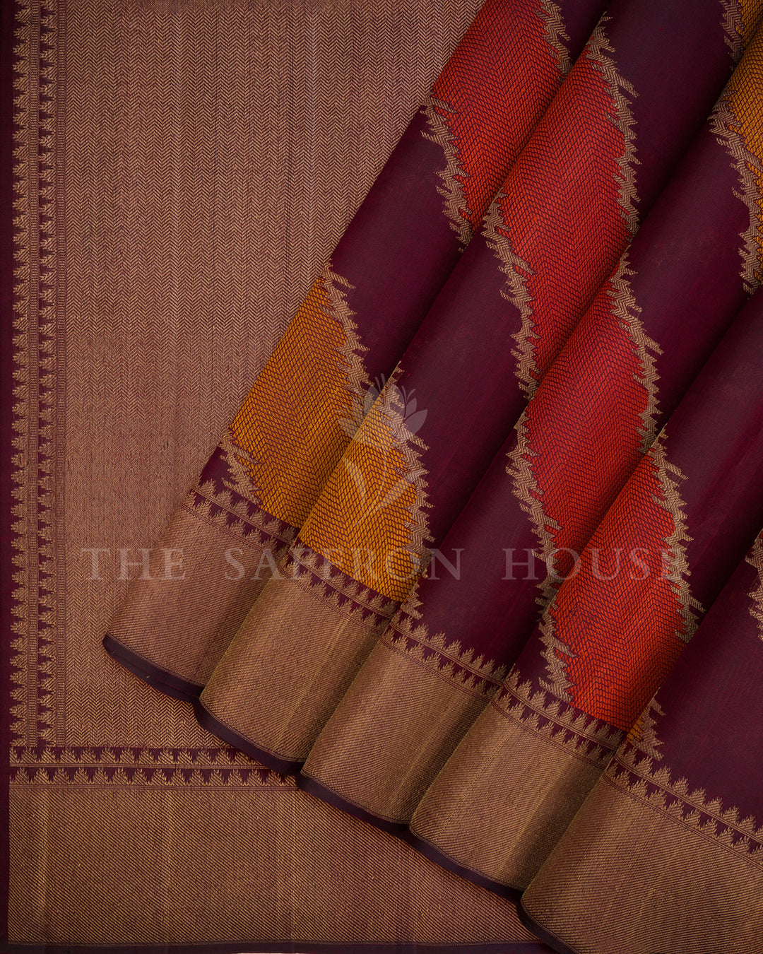 Maroon Kora Kanchi Silk Saree with Diagonal Ikat Chevron Weave