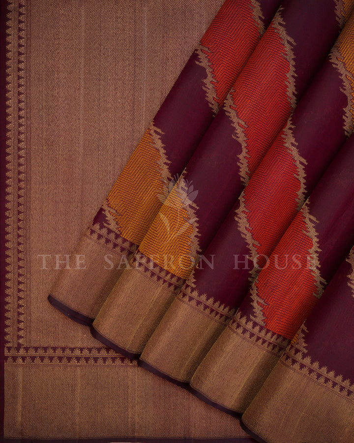 Maroon Kora Kanchi Silk Saree with Diagonal Ikat Chevron Weave