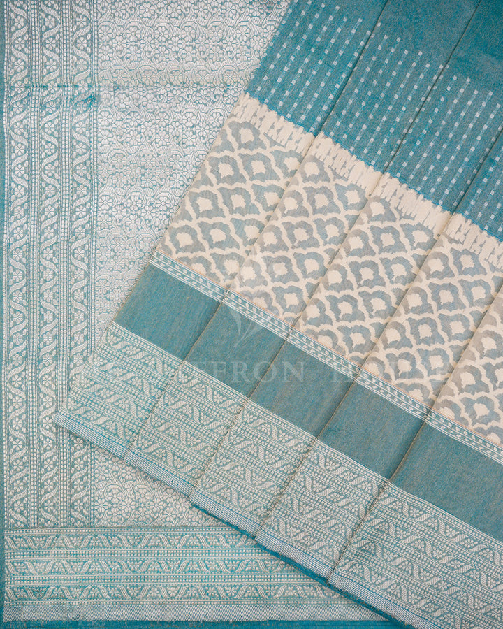 Sea Green Banarasi Tissue Silk Saree with Multicolor Floral Buti & Silver Zari Temple Border