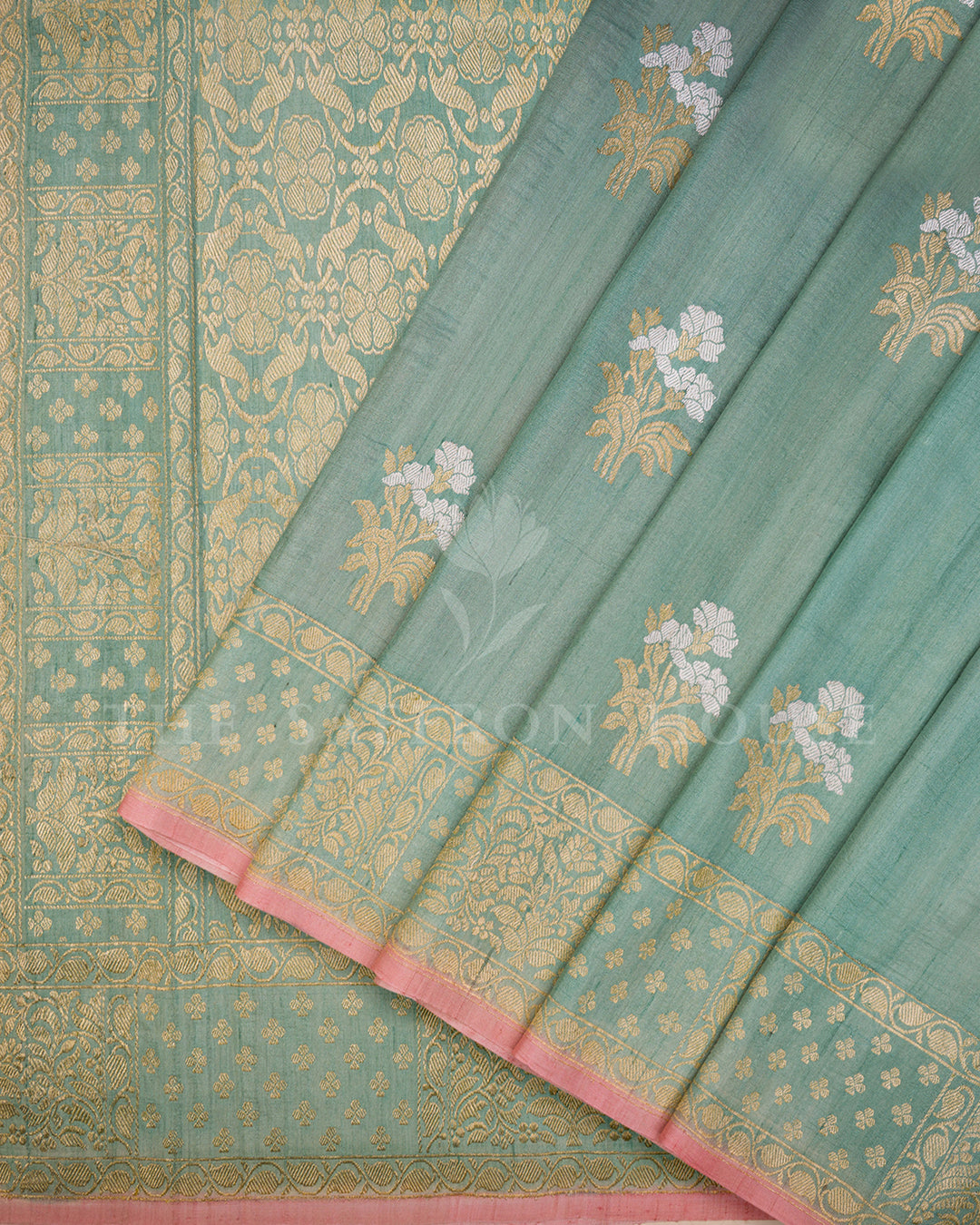 Sea Green Tussar Silk Saree with Scattered Gold Zari Buti & Floral Border