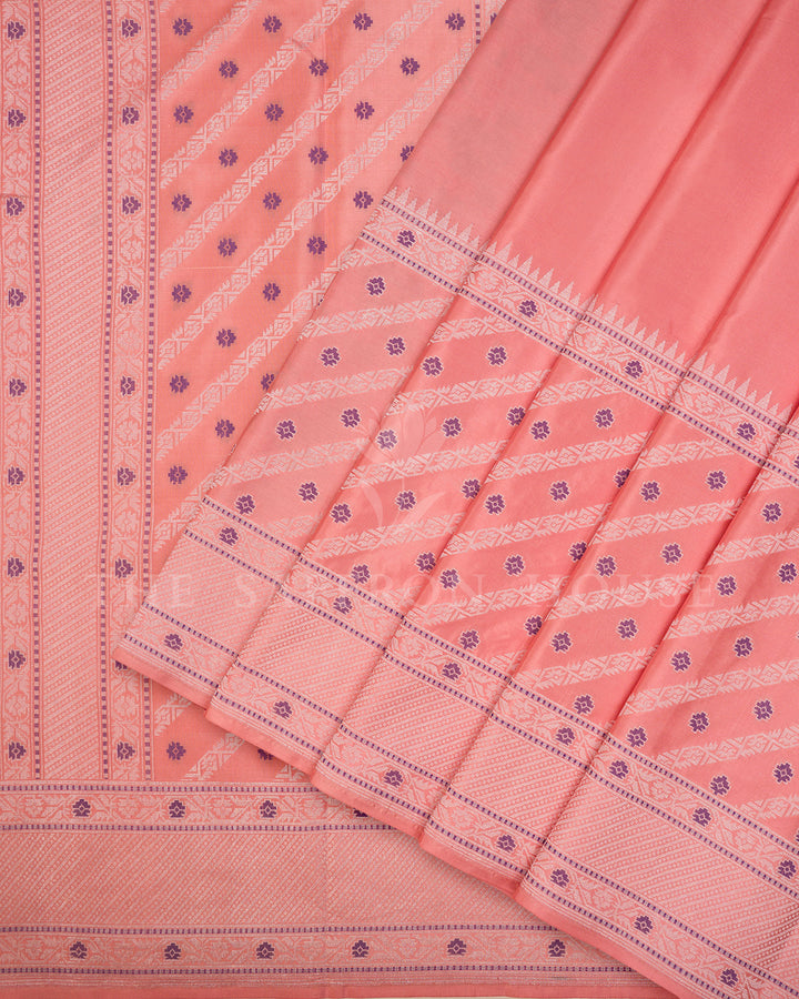 Peach Banarasi Silk Saree with Diagonal Purple Buti Weave & Silver Zari Border