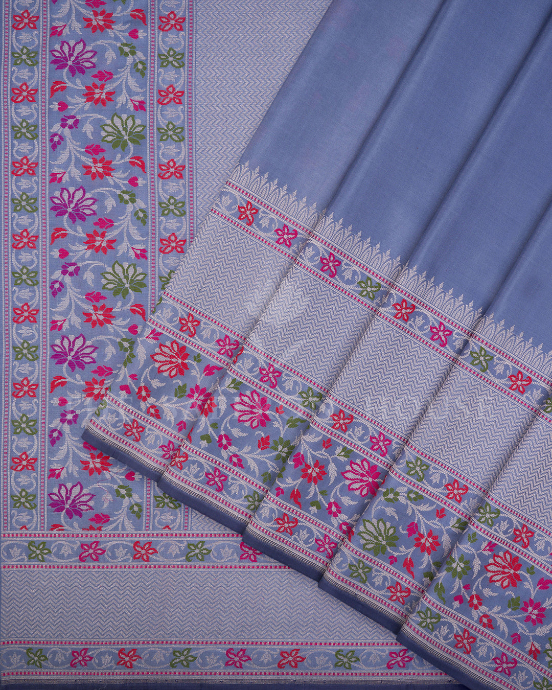 Steel Blue Banarasi Silk Saree with Chevron Zari Weave & Multicolor Floral Border