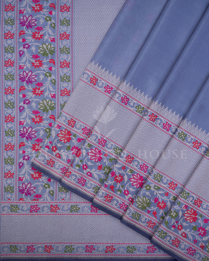 Steel Blue Banarasi Silk Saree with Chevron Zari Weave & Multicolor Floral Border