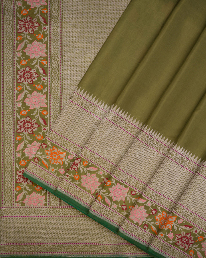Olive Green Banarasi Silk Saree with Chevron Zari Border & Multicolor Floral Vine