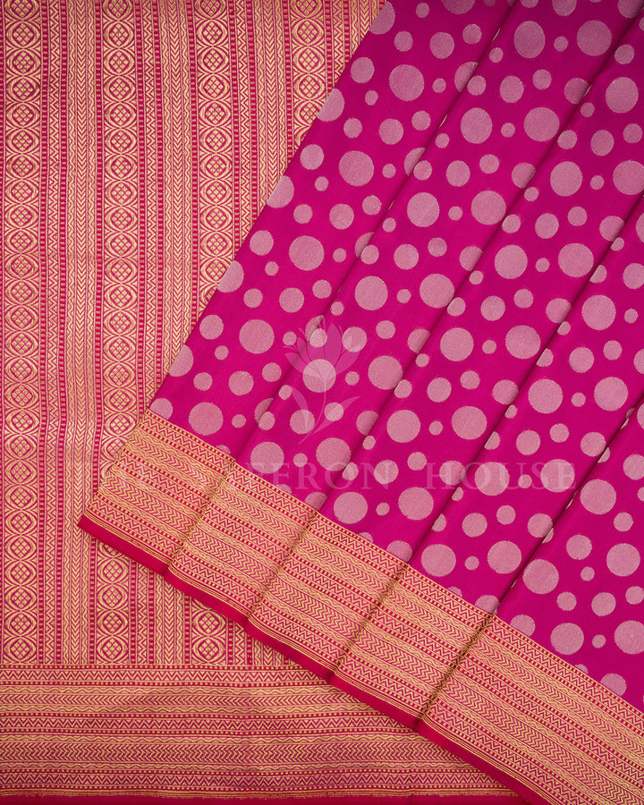 Rani Pink Banarasi Silk Saree with Gold Zari Polka Dot Weave & Chevron Border