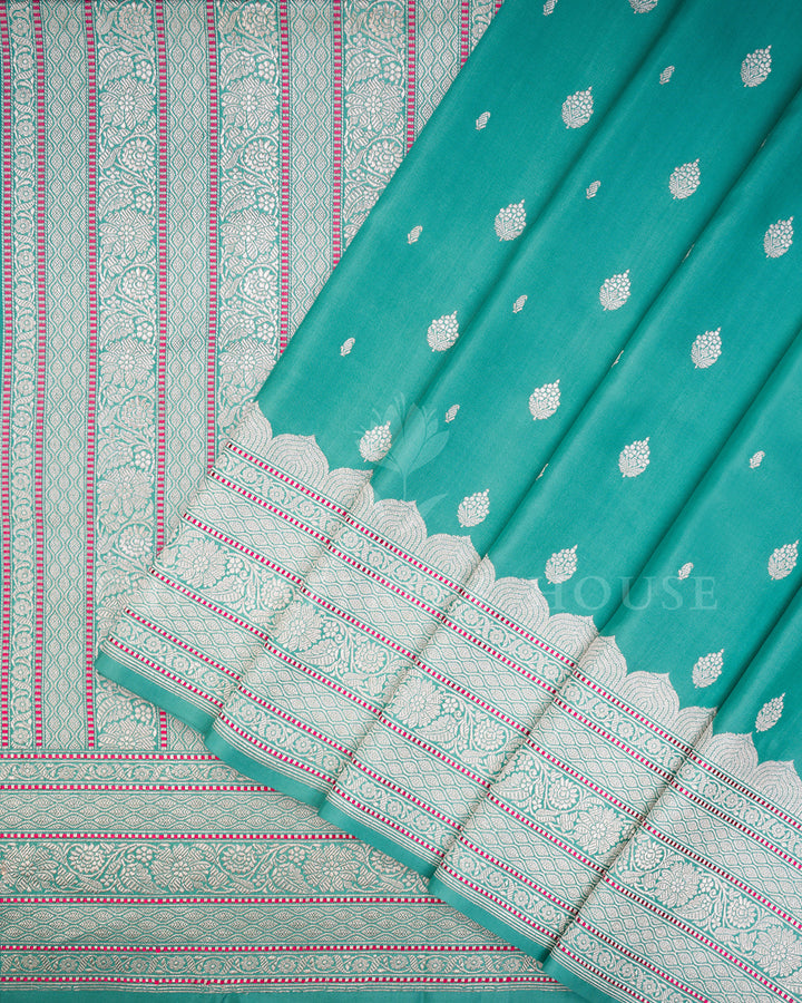 Turquoise Banarasi Silk Saree with Scattered Silver Zari Buti & Scalloped Floral Border