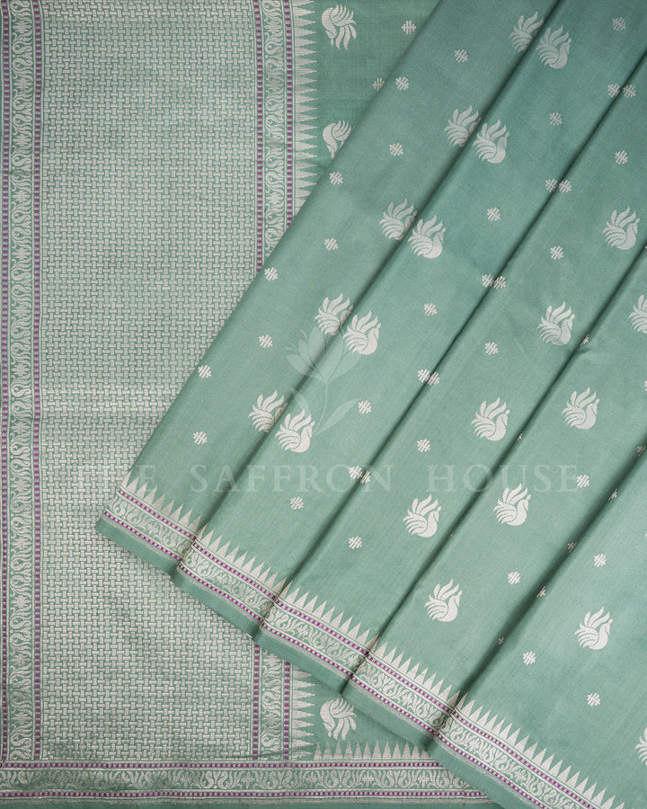 Sea Green Banarasi Silk Saree with Scattered Silver Zari Paisley Buti & Temple Border