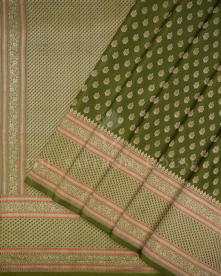Olive Green Banarasi Silk Saree with Scattered Gold Zari Floral Buti & Diamond Lattice Border