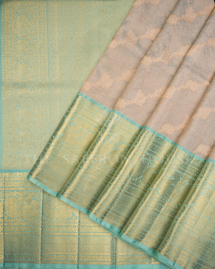 Sea Green Kanchivaram Silk Saree with Diagonal Gold Zari Weave & Peacock Motif Border