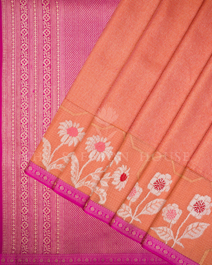 Peach Kanchivaram Silk Saree with Kota Border & Magenta Zari Pallu
