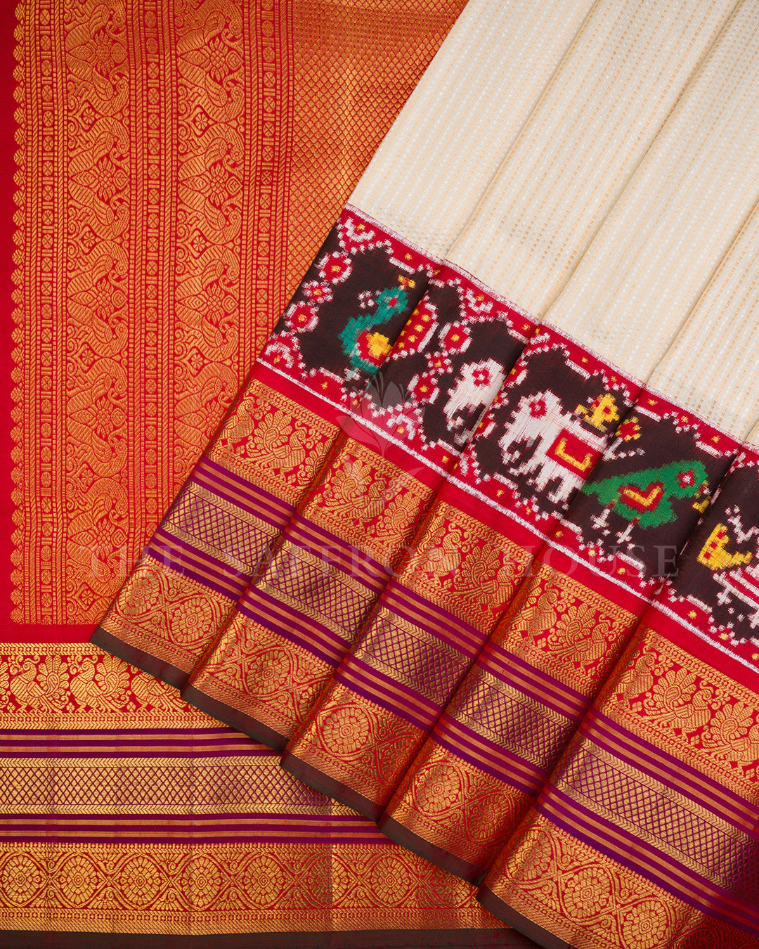 Ivory Kanchivaram Silk Saree with Patan Patola Fusion Border