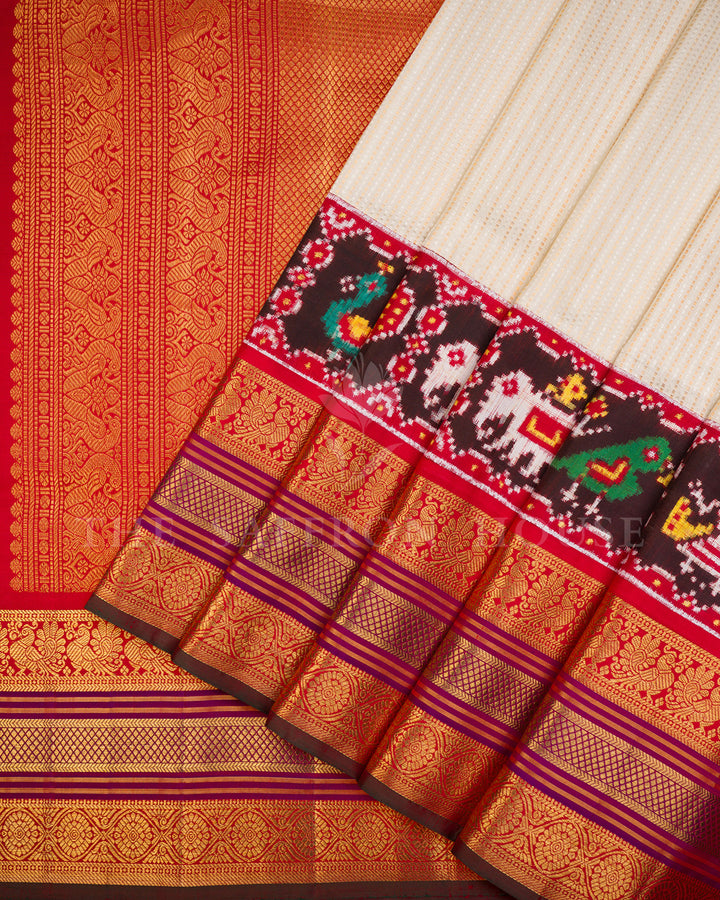 Ivory Kanchivaram Silk Saree with Patan Patola Fusion Border