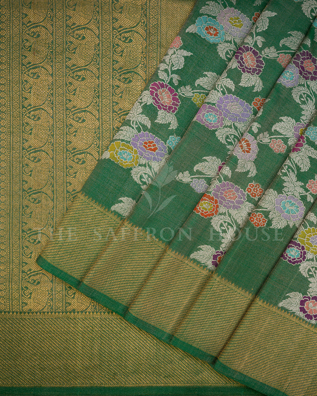 Emerald Green Banarasi Tissue Silk Saree with Meenakari Floral Bunch & Gold Zari Elephant Border