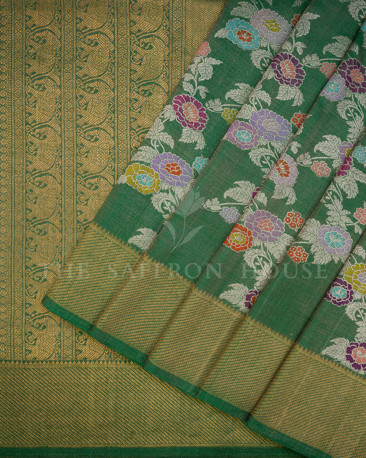 Emerald Green Banarasi Tissue Silk Saree with Meenakari Floral Bunch & Gold Zari Elephant Border