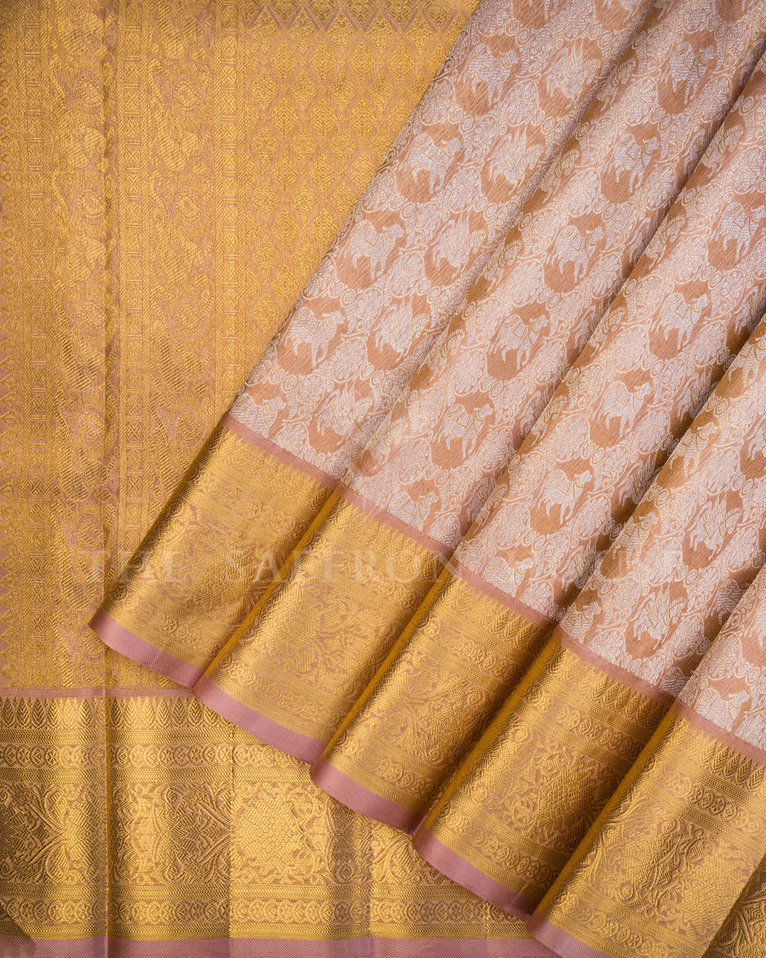 Dusty Pink Kanchivaram Silk Tissue Saree with Horse Procession Pallu & Wide Gold Zari Border