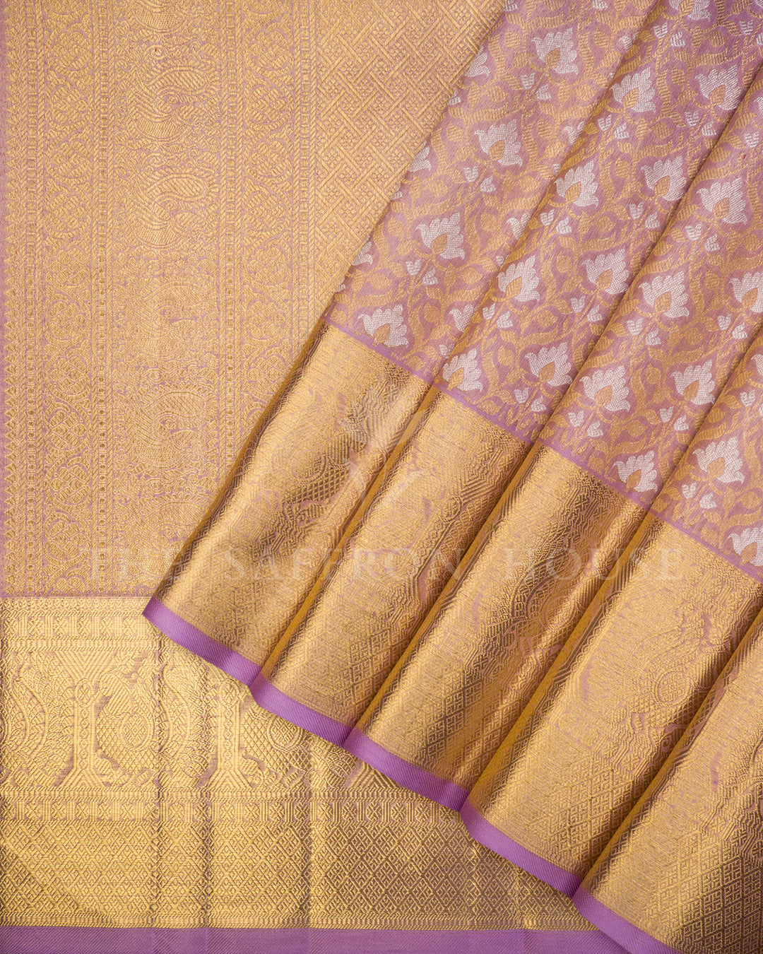 Lilac Kanchivaram Silk Saree with Gold Zari Floral Jaal & Wide Paisley Temple Border