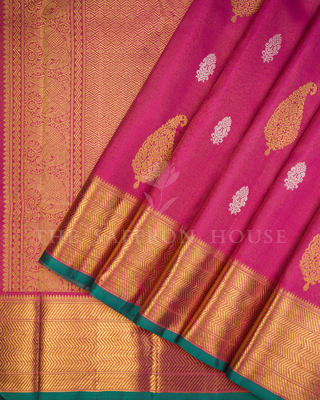 Rani Pink Kanchivaram Tissue Silk Saree with Gold Zari Paisley Buti & Elephant Border