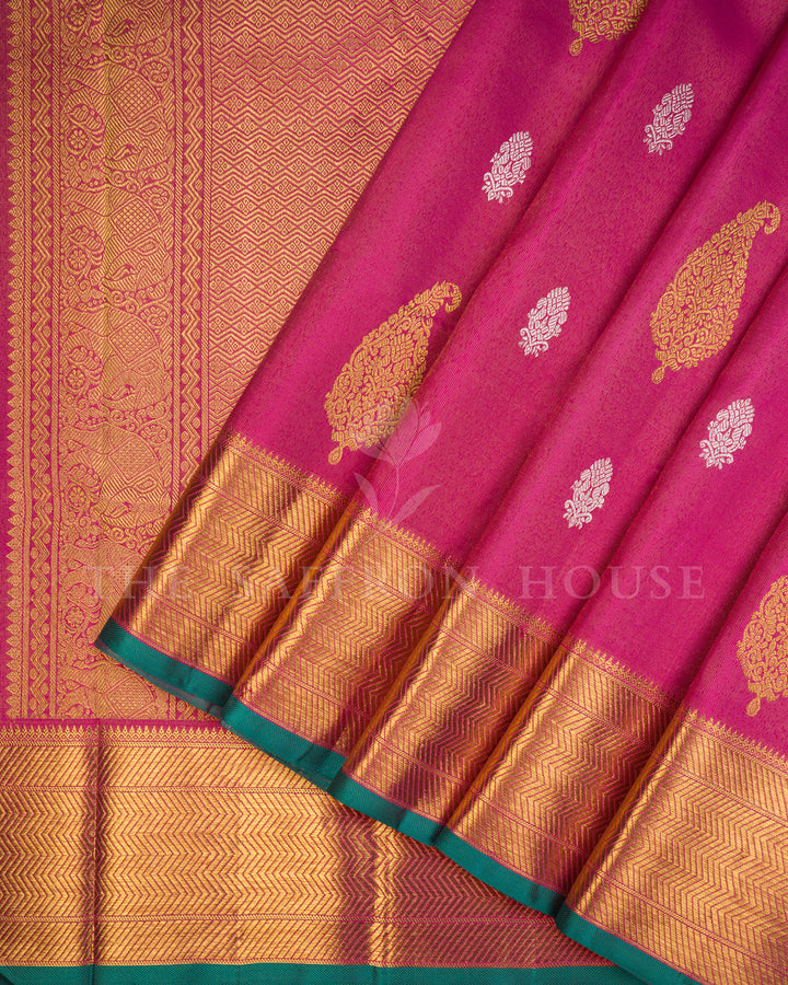Rani Pink Kanchivaram Tissue Silk Saree with Gold Zari Paisley Buti & Elephant Border