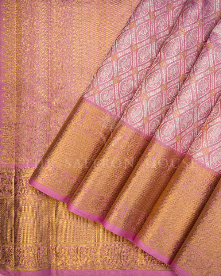 Baby Pink Kanchivaram Silk Saree with Diamond Peacock Lattice Weave & Gold Zari Floral Border