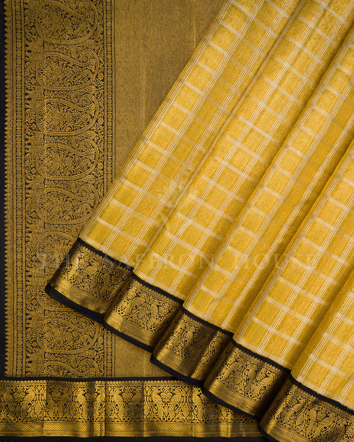 Gold Kora Kanchi Silk Saree with Silver Checkered Weave & Black Peacock Border
