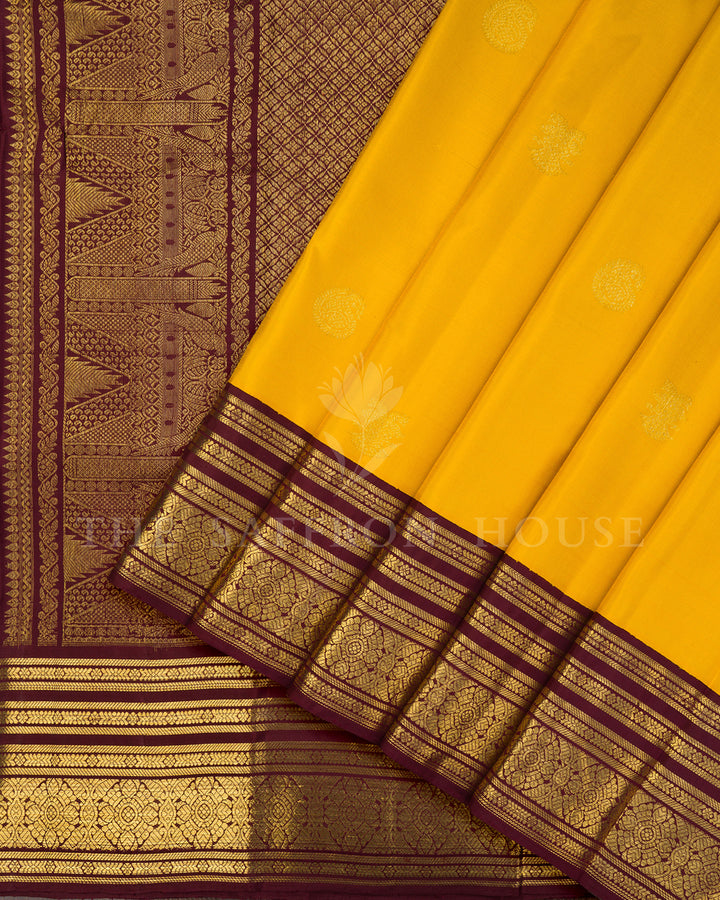Yellow Korvai Kanchivaram Silk Saree with Scattered Zari Buti & Maroon Border