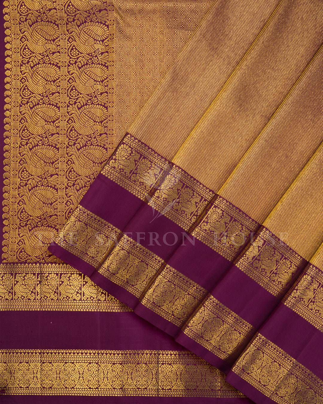 Gold Kanchivaram Silk Saree with Diagonal Zari Texture & Wine Peacock Border