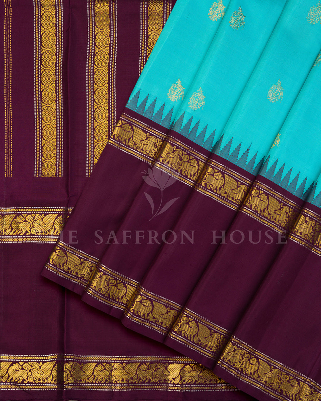 Turquoise Korvai Kanchivaram Silk Saree with Scattered Zari Buti & Wine Yali Border