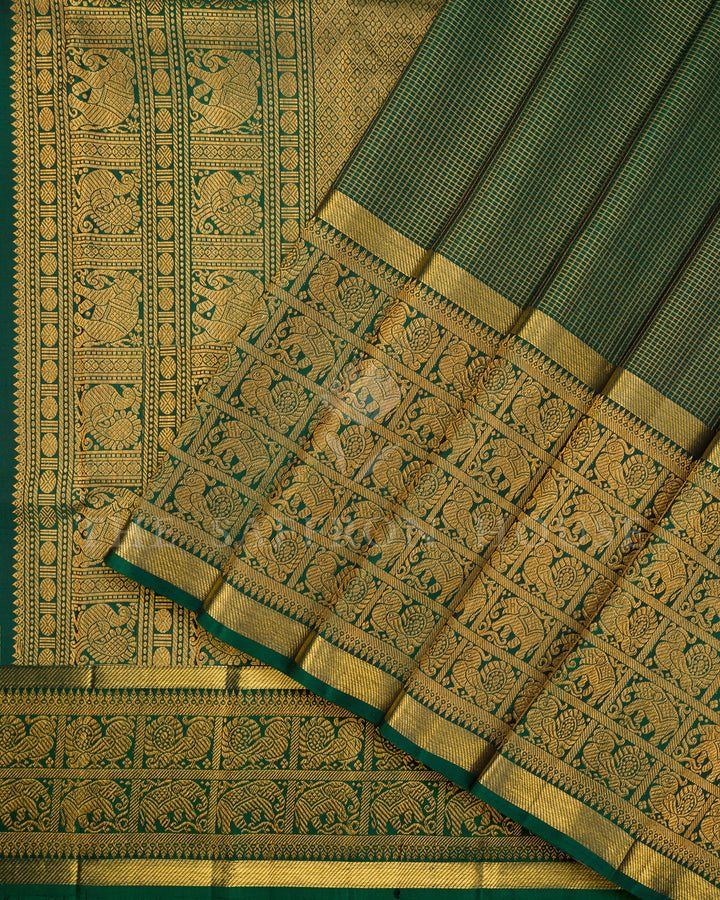 Emerald Green Kanchivaram Silk Saree with Checkered Zari Weave & Gold Elephant Procession Border