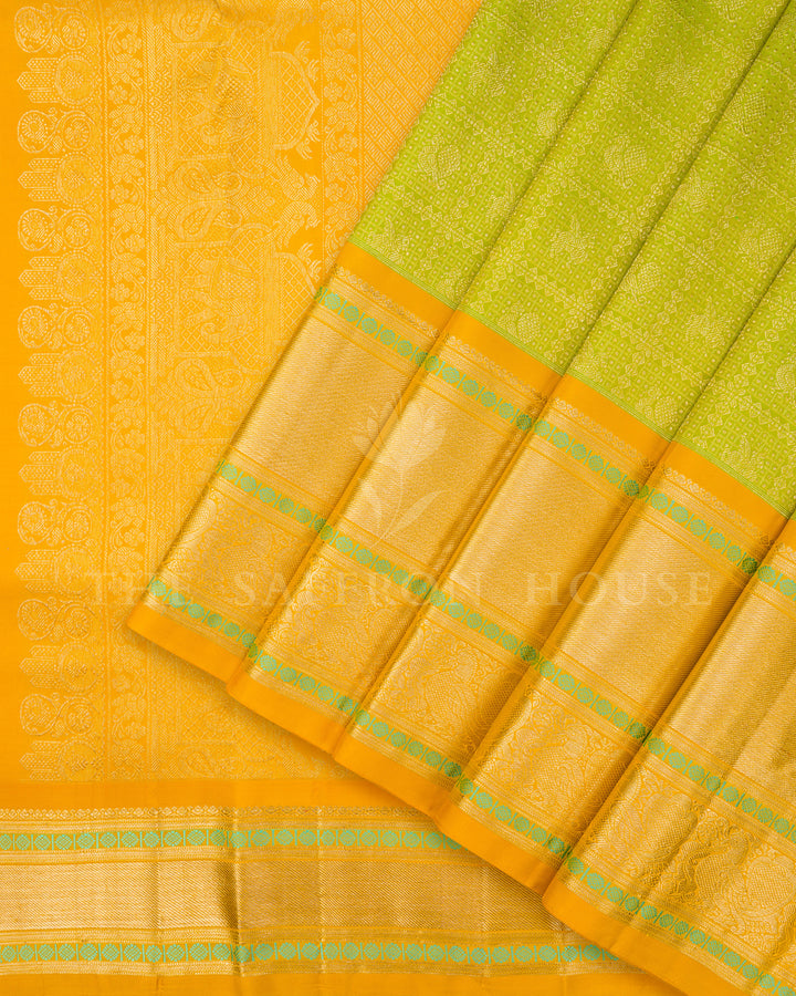 Parrot Green Kanchivaram Silk Saree with Zari Diamond Jaal & Golden Yellow Peacock Border