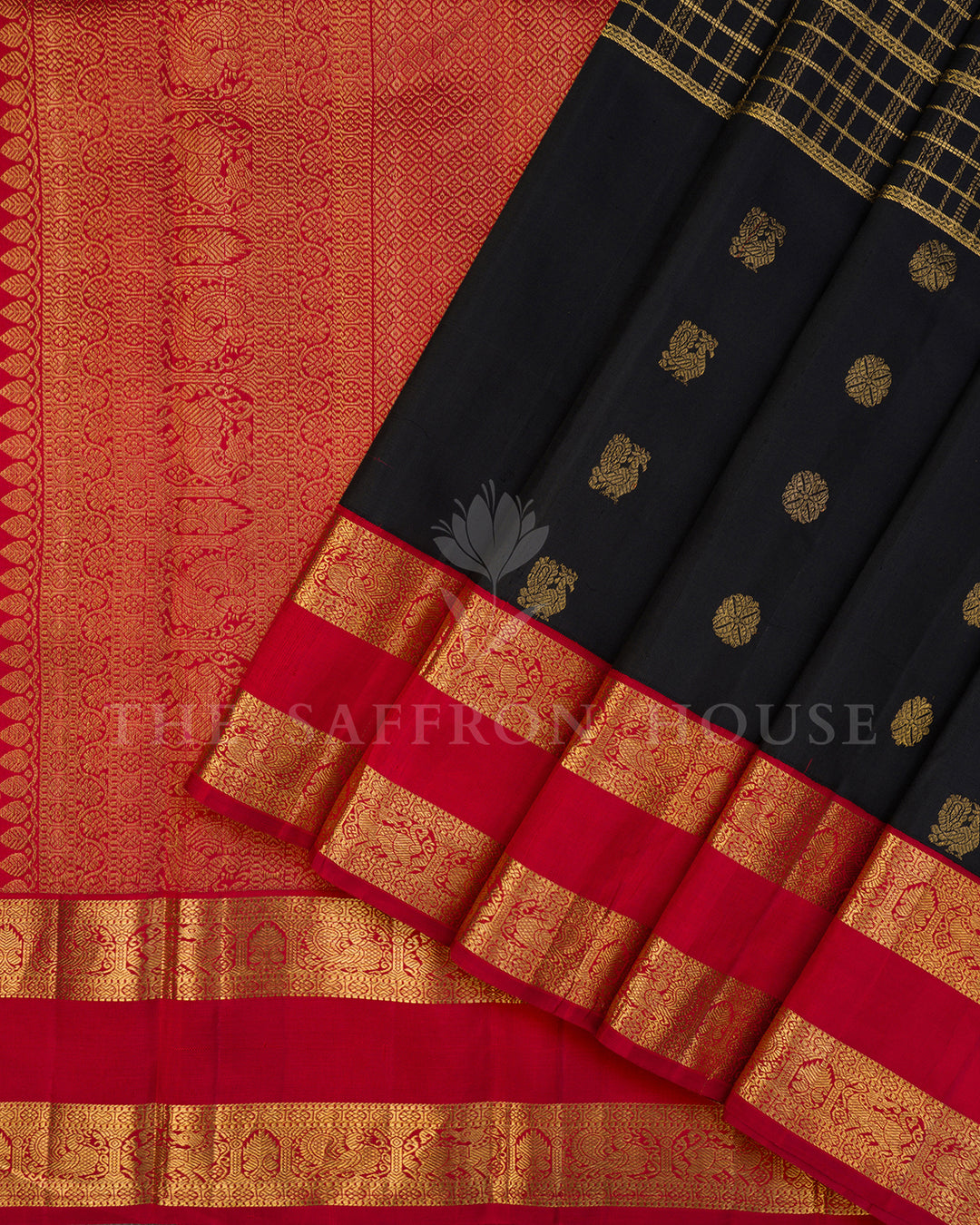 Black Kanchivaram Silk Saree with Zari Check Weave & Gold Buttis, Red Temple Border