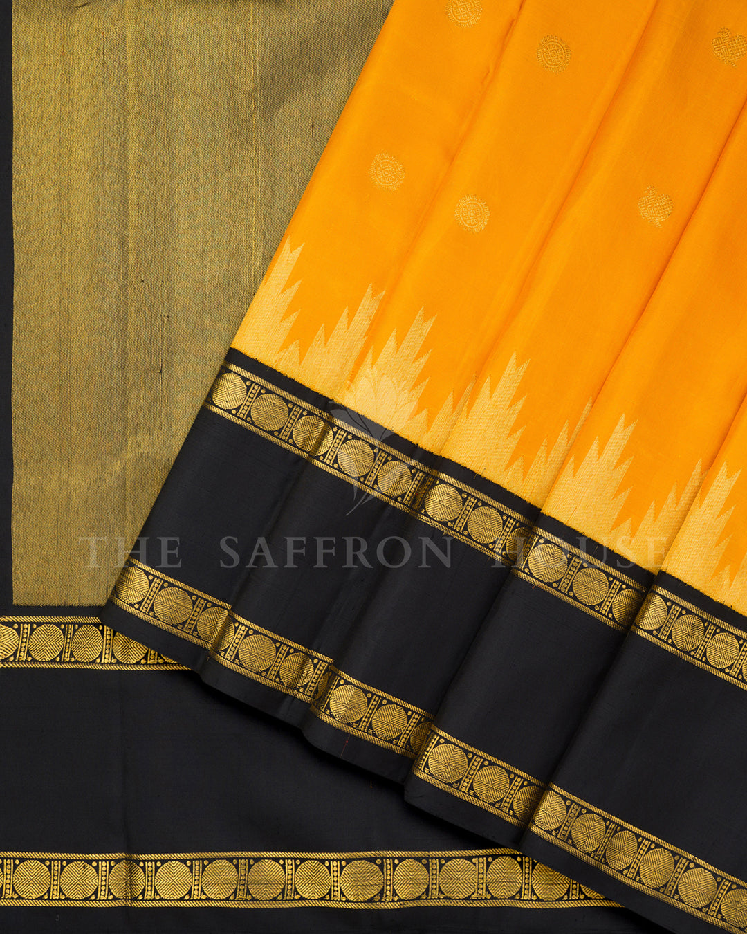 Golden Yellow Kanchivaram Silk Saree with Zari Buttis & Black Coin Motif Border