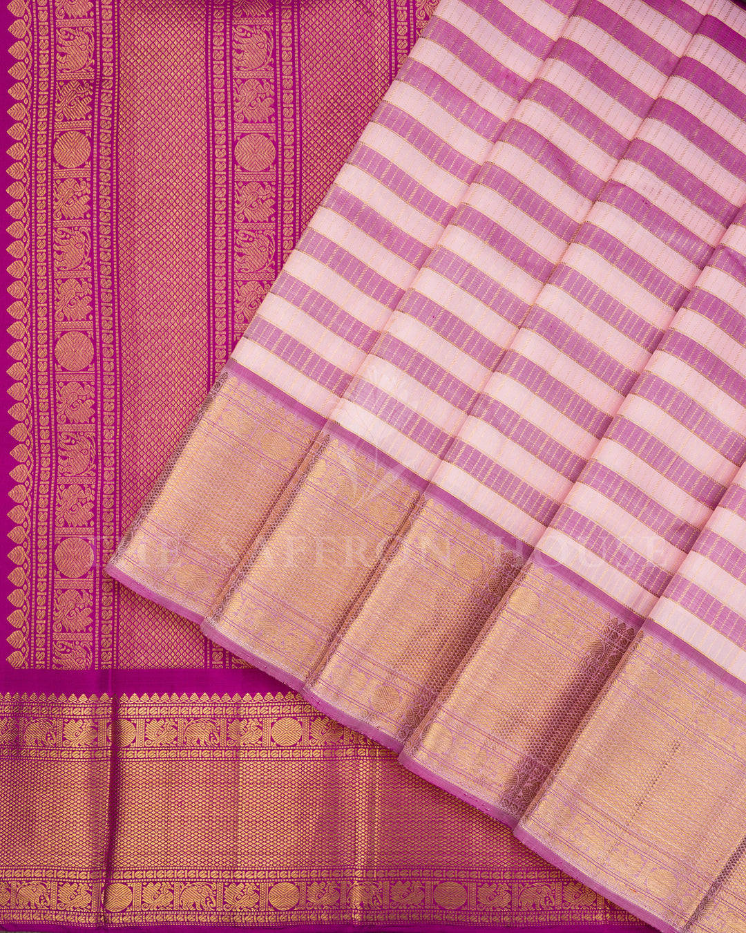 Pink and Magenta Striped Kanchivaram Silk Saree with Gold Zari Border