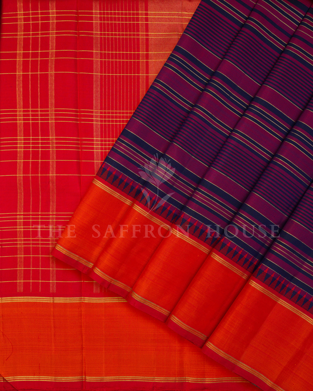 Purple and Navy Striped Kanchivaram Silk Saree with Orange Zari Border