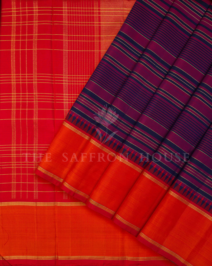 Purple and Navy Striped Kanchivaram Silk Saree with Orange Zari Border