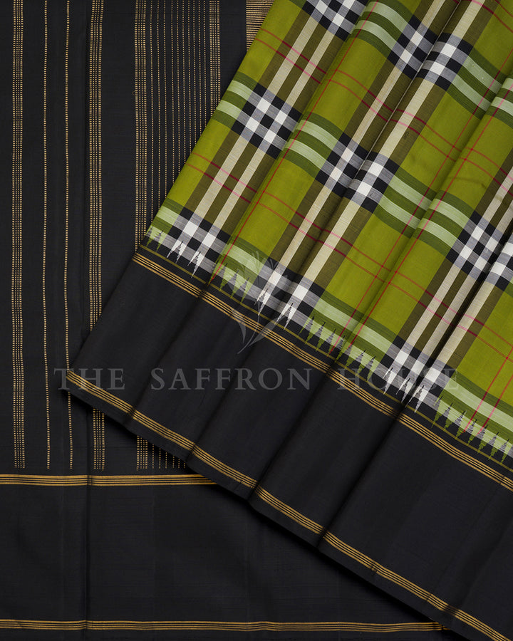 Olive Green Tartan Check Kanchivaram Silk Saree with Black Zari Border, Striped Pallu