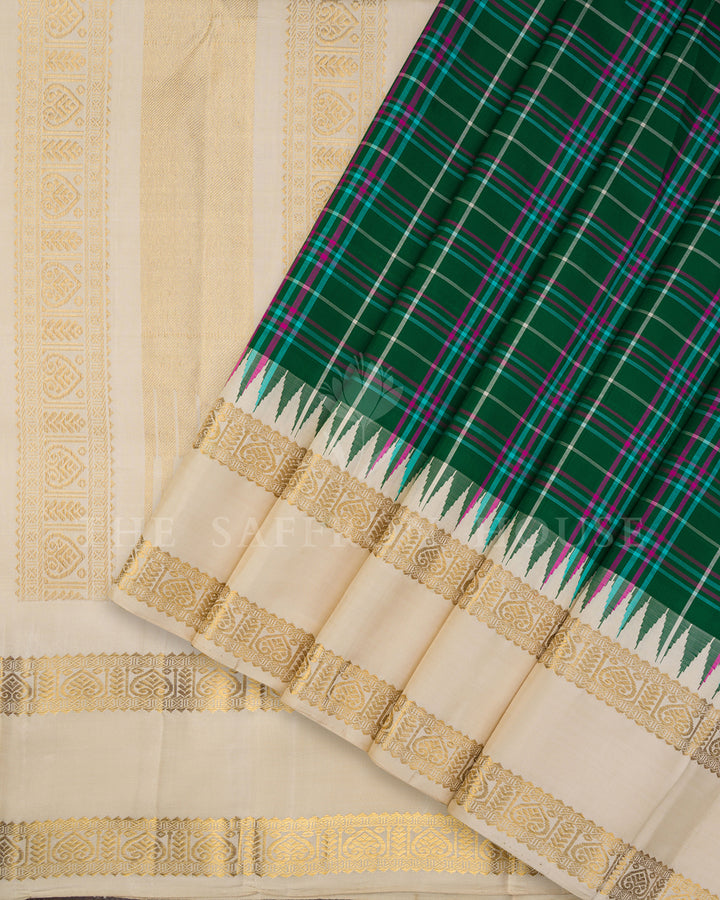Green Tartan Check Kanchivaram Silk Saree with Cream Zari Border