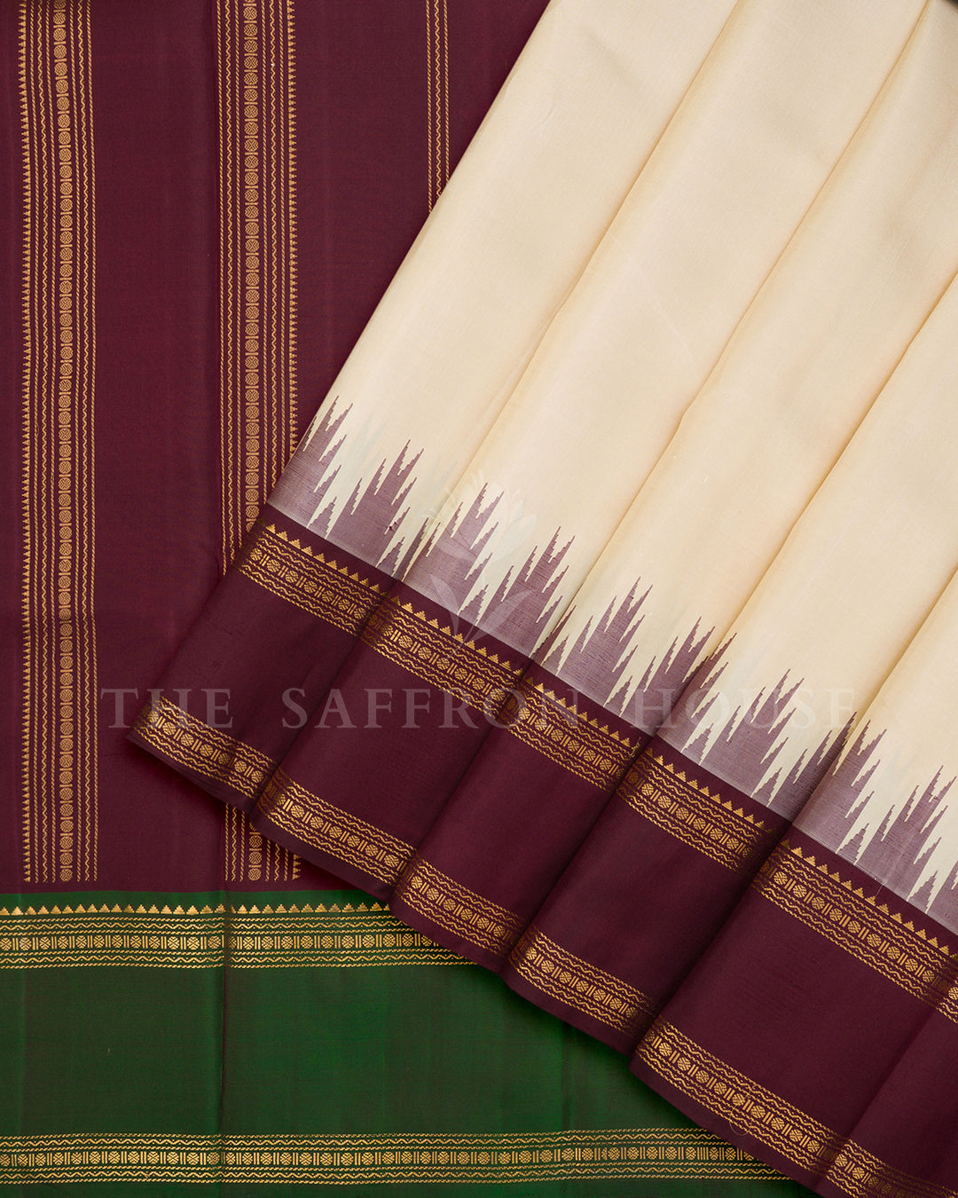 Cream Kanchivaram Silk Saree with Green Zari Border, Wine Striped Pallu
