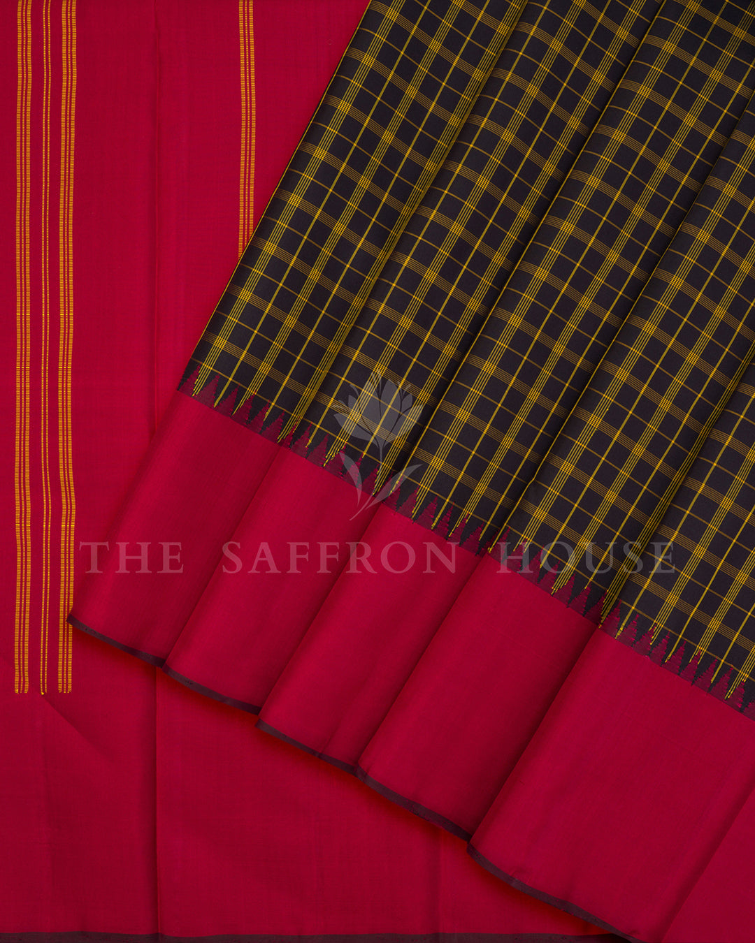 Navy Blue and Mustard Checked Kanchivaram Silk Saree with Red Border