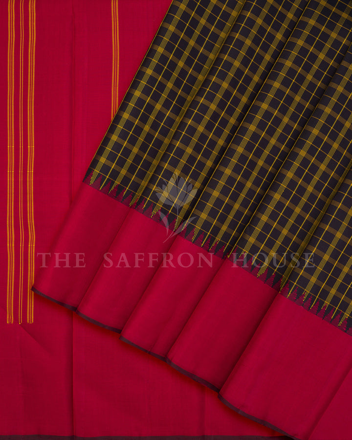 Navy Blue and Mustard Checked Kanchivaram Silk Saree with Red Border