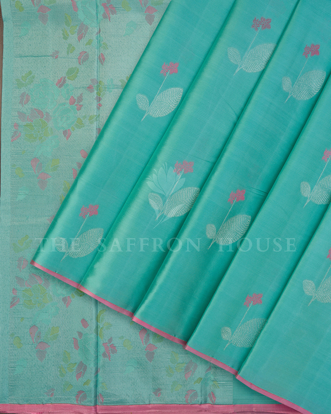 Turquoise Kanchivaram Silk Saree with Silver Leaf Buttis, Pink Border