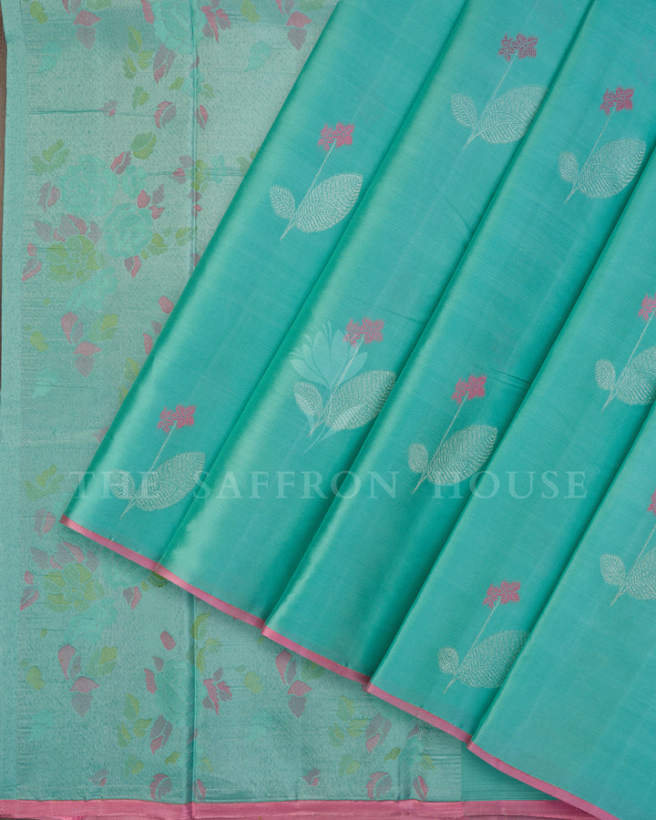 Turquoise Kanchivaram Silk Saree with Silver Leaf Buttis, Pink Border