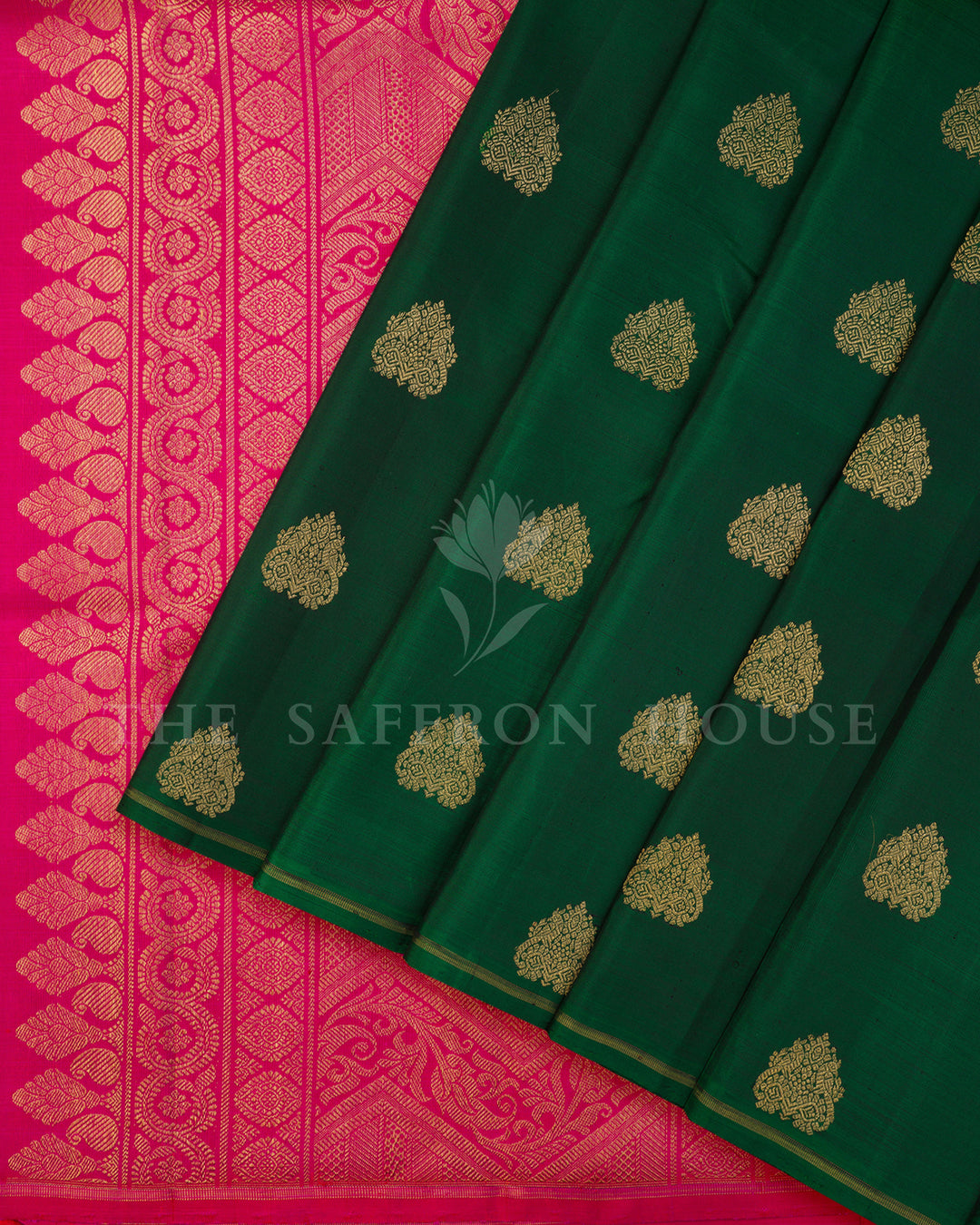 Bottle Green Kanchivaram Silk Saree with Gold Zari Buttis, Pink Pallu with Floral Zari Work