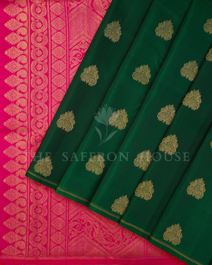 Bottle Green Kanchivaram Silk Saree with Gold Zari Buttis, Pink Pallu with Floral Zari Work