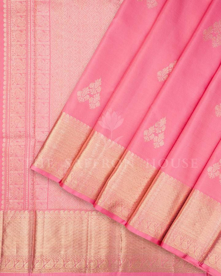 Pink Kanchivaram Silk Saree with Gold Zari Buttis, Self-Tone Paisley Pallu