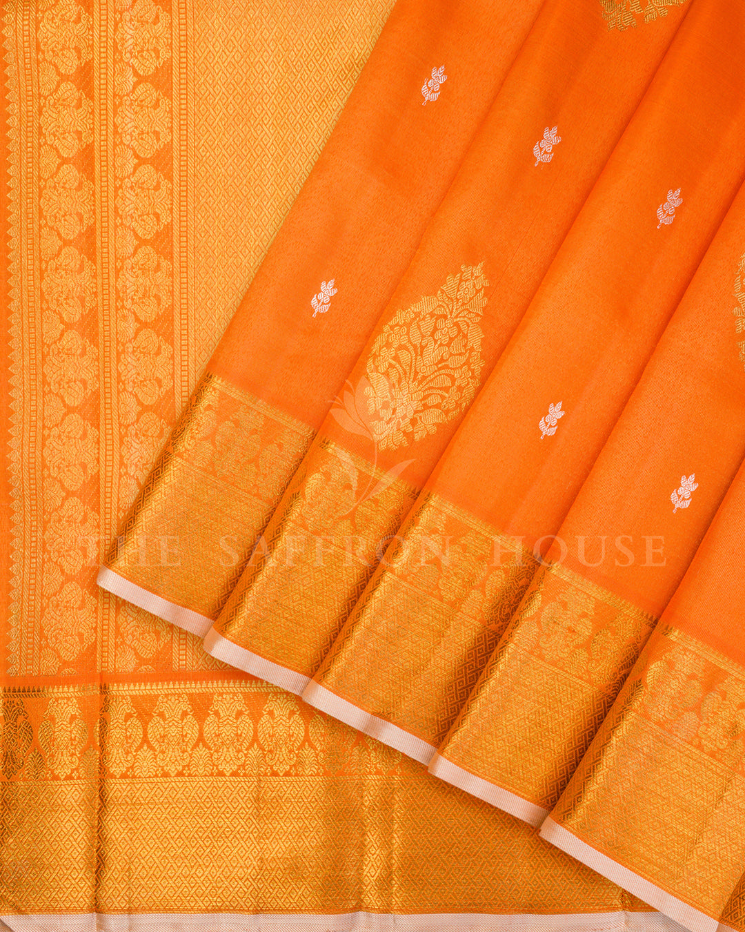 Orange Kanchivaram Silk Saree with Gold Zari Paisley Buttis, Dense Zari Pallu