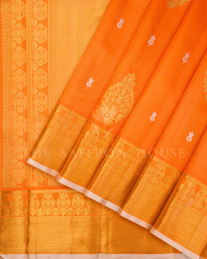 Orange Kanchivaram Silk Saree with Gold Zari Paisley Buttis, Dense Zari Pallu