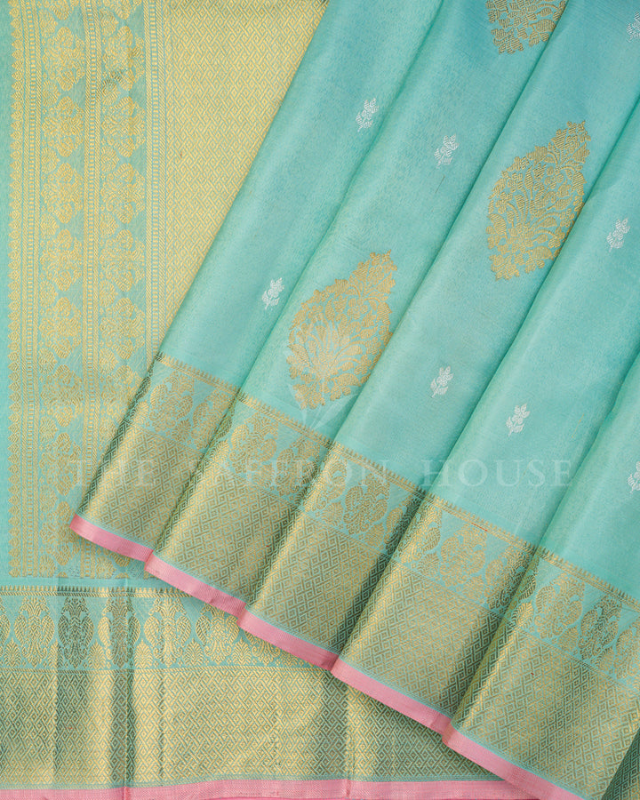 Sea Green Kanchivaram Silk Saree with Gold Zari Paisley Buttis, Pink Border Pallu