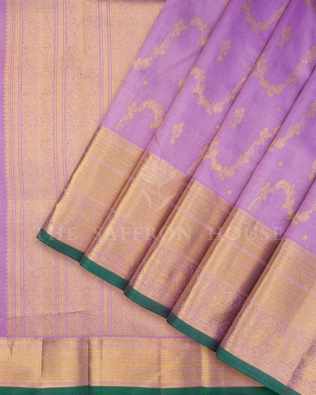 Lilac Kanchivaram Silk Saree with Gold Zari Vine Motifs, Green Edge Border