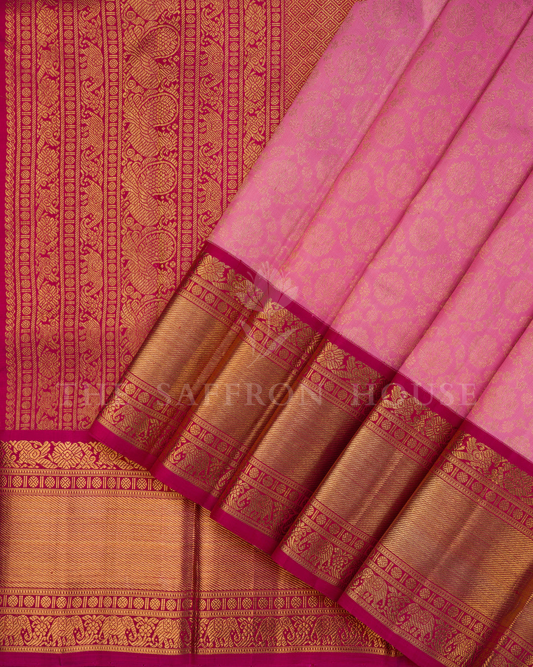 Baby Pink Kanchivaram Silk Saree with Zari Floral Jaal, Magenta Pallu with Elephant Motifs